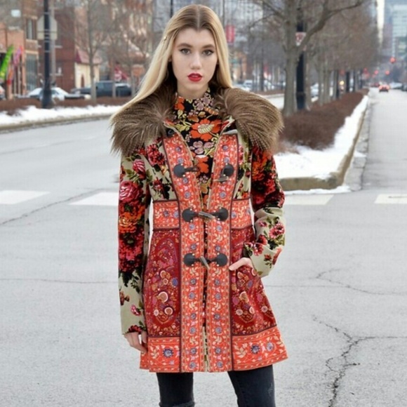 Anthropologie Karelia Coat Elevenses Jacket Red Floral Zip Fur Collar Size 6 - Picture 12 of 15